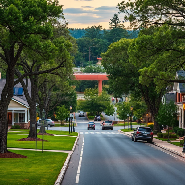 AT&T Coverage, Stores & Plans in Bent Tree South, Raleigh NC 27619 A vibrant street scene in Bent Tree South, Raleigh, NC (27619), showcasing lush green lawns and mature oak and pine trees lining quiet suburban streets. In the