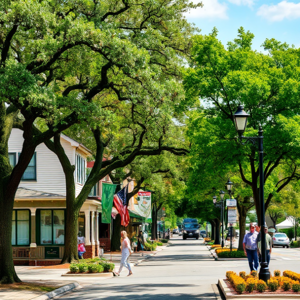 T-Mobile Plans, Coverage & Stores in Benton, Bossier City LA 71172 A vibrant street scene in Benton, Bossier City, LA 71172, showcasing a charming neighborhood with historic Craftsman-style houses and colorful Southern cottages