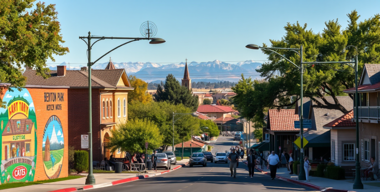 A vibrant street scene in Benton Park, Bakersfield, CA 93304, showcasing a diverse neighborhood with colorful murals depicting local history and cultural pride