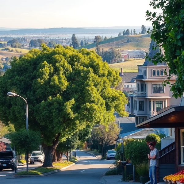 AT&T Coverage, Stores & Plans in Beresford Park, San Mateo CA 94403 A vibrant street scene in Beresford Park, San Mateo, CA 94403, showcasing lush greenery and mature trees lining a quiet residential avenue. In the background, t