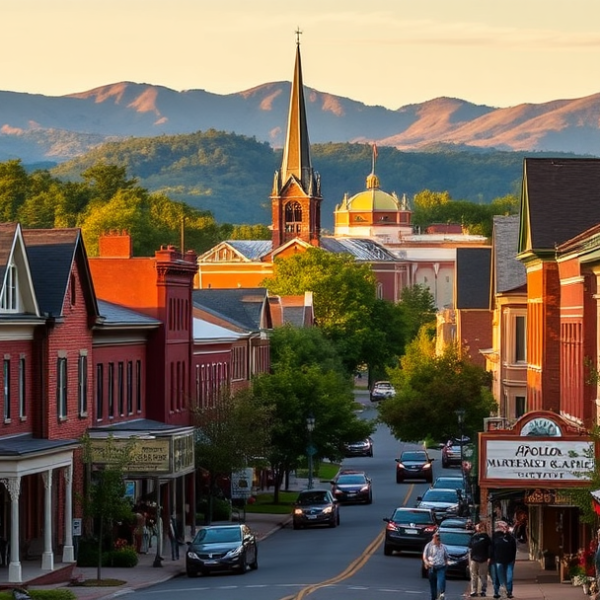 AT&T Coverage, Stores & Plans in Berkeley County, Martinsburg WV 25402 A vibrant street scene in Berkeley County, Martinsburg, WV (zip 25402), showcasing charming historic brick houses with gabled roofs and front porches, nestled a