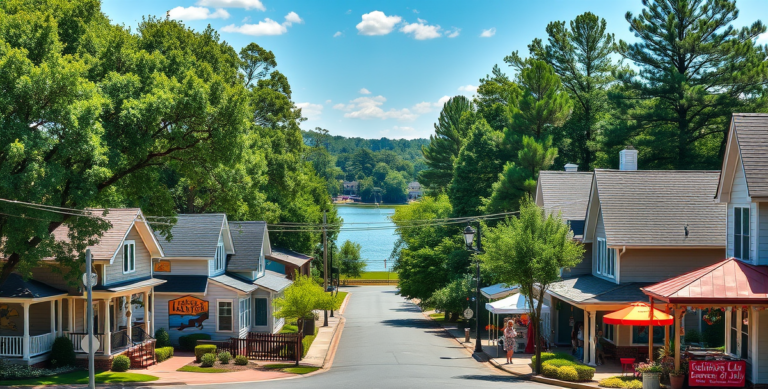 A vibrant street scene in Berkeley Lake, Norcross, GA 30092, showcasing lush greenery and quaint residential homes with charming craftsman and ranch-style archi