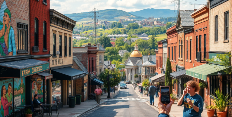 A vibrant street scene in Berkeley, Saint Louis, MO 63140, showcasing a diverse neighborhood with colorful murals depicting local history and community spirit i