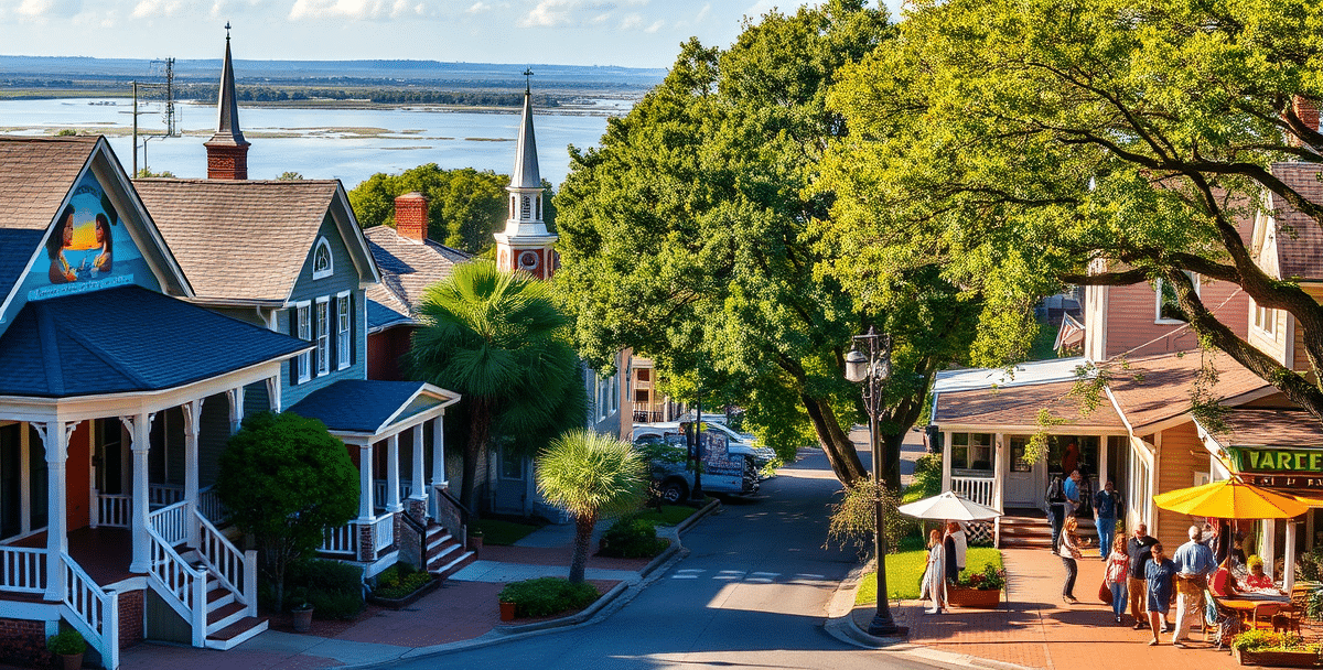 A vibrant street scene in berkleigh, mobile, al 36689, showcasing a charming neighborhood with colorful historic cottages and craftsman-style homes with wide po