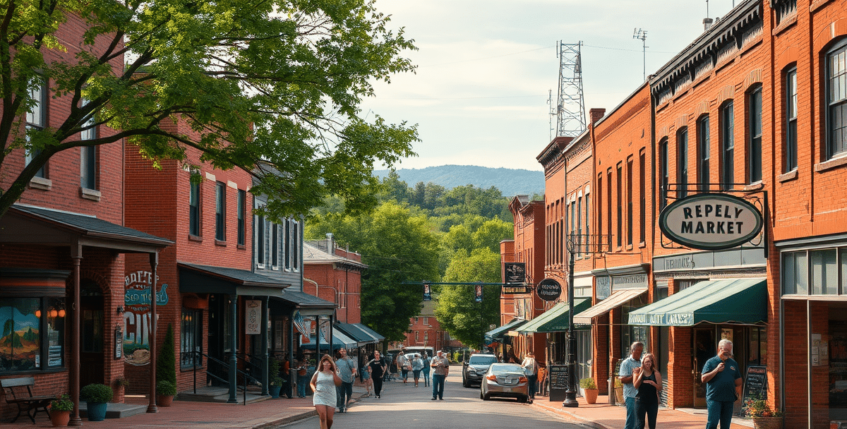 A vibrant street scene in bessemer city, gastonia, nc (28056), featuring cozy historic brick houses with charming porches, colorful murals depicting local herit