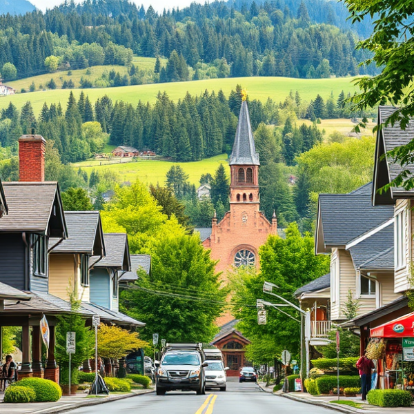 AT&T Coverage, Stores & Plans in Bethany, Portland OR 97229 A vibrant street scene in Bethany, Portland, OR 97229, showcasing lush greenery and rolling hills in the background, with glimpses of the natural Tualatin Mount