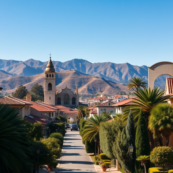 AT&T Coverage, Stores & Plans in Beverly Crest, Beverly Hills CA 90210 A realistic, aspirational street scene in Beverly Crest, Beverly Hills, CA 90210, showcasing lush, tree-lined streets with elegant mansions featuring Mediterran