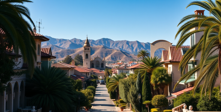 A realistic, aspirational street scene in Beverly Crest, Beverly Hills, CA 90210, showcasing lush, tree-lined streets with elegant mansions featuring Mediterran