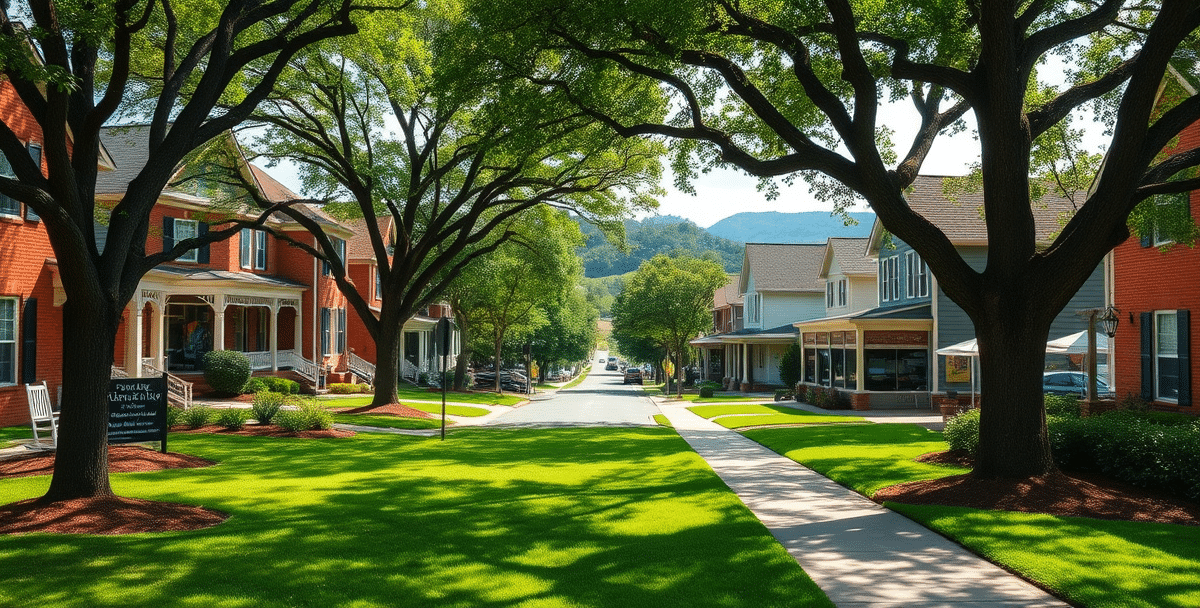 A vibrant street scene in beverly woods, charlotte, nc 28287, featuring lush green lawns and mature oak trees lining quiet residential streets with charming, we