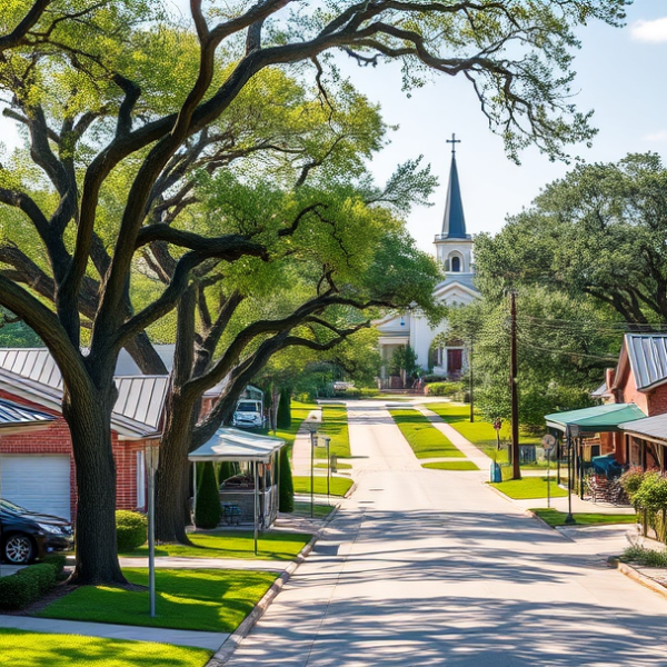 T-Mobile Plans, Coverage & Stores in Bevil Oaks, Beaumont TX 77713 A vibrant street scene in Bevil Oaks, Beaumont, TX 77713, showcasing a cozy neighborhood with charming single-story ranch-style houses featuring brick facades,