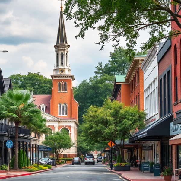 T-Mobile Plans, Coverage & Stores in Bibb County, Macon GA 31210 A vibrant street scene in Bibb County, Macon, GA (ZIP 31210), showcasing a mix of historic and modern architecture—charming Craftsman houses with porches adorne