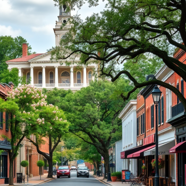 T-Mobile Plans, Coverage & Stores in Bibb County, Macon GA 31220 A vibrant street scene in Bibb County, Macon, GA, 31220, showcasing a mix of historic brick storefronts and charming cottages with ornate ironwork and colorful