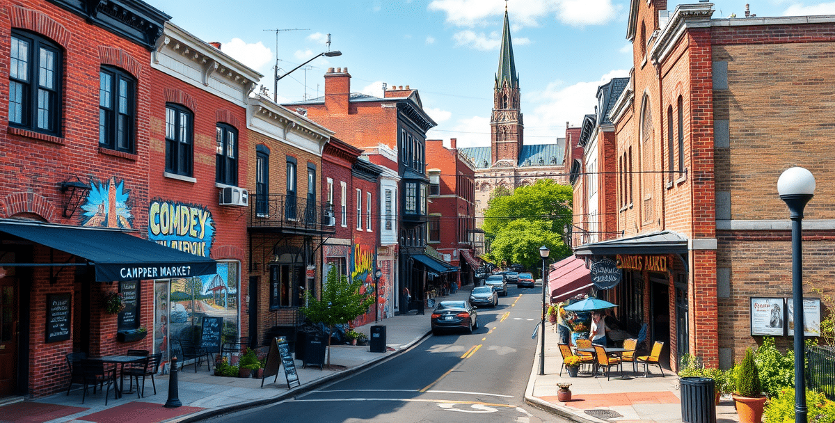 A vibrant street scene in biedman, camden, nj 08105, showcasing a diverse urban neighborhood with colorful murals depicting local history and community pride on