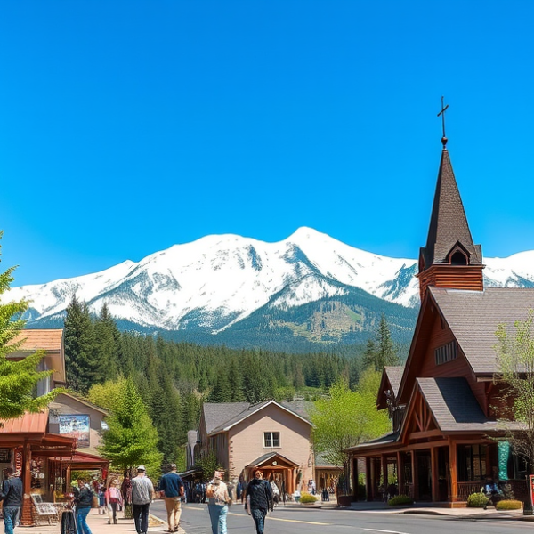 AT&T Coverage, Stores & Plans in Big Sky, Bozeman MT 59717 A vibrant street scene in Big Sky, Bozeman, Montana (59717), showcasing a cozy café with rustic wooden signage, a colorful mural of mountain landscapes on a nea