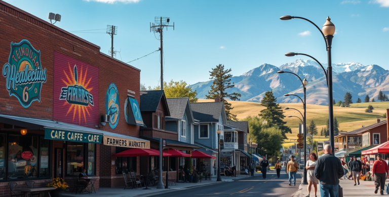 A vibrant street scene in Billings Heights, Billings, MT 59101, showcasing a diverse neighborhood with colorful murals depicting local history and community lif
