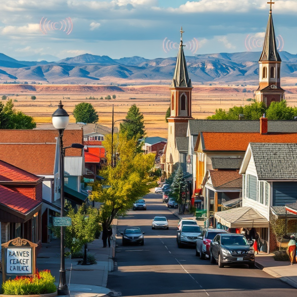 AT&T Coverage, Stores & Plans in Billings Heights, Billings MT 59105 A vibrant street scene in Billings Heights, Billings MT 59105, showcasing a lively neighborhood with murals depicting local history and mountain vistas, nestled