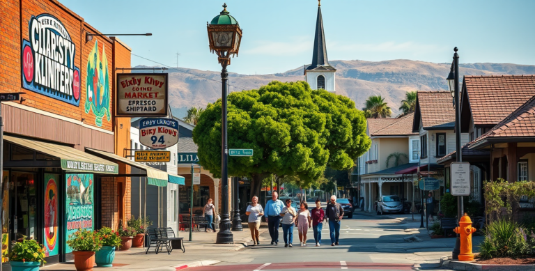 A vibrant street scene in Bixby Knolls, Long Beach, CA 90807, showcasing a lively neighborhood with colorful murals depicting local history and community pride