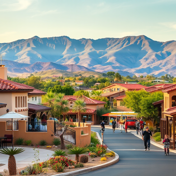 AT&T Coverage, Stores & Plans in Black Mountain Ranch, San Diego CA 92127 A vibrant street scene in Black Mountain Ranch, San Diego, CA 92127, featuring lush desert landscape views and rolling hills in the background. The neighborhood
