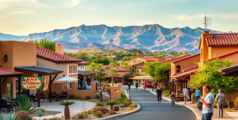 A vibrant street scene in Black Mountain Ranch, San Diego, CA 92127, featuring lush desert landscape views and rolling hills in the background. The neighborhood