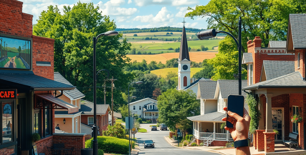 A vibrant street scene in blackman, murfreesboro, tn (37127), featuring a cozy local café with outdoor seating, colorful murals depicting community history on n