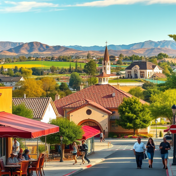 AT&T Coverage, Stores & Plans in Bloomington, Fontana CA 92337 A vibrant street scene in Bloomington, Fontana, CA 92337, featuring colorful murals depicting local history and community pride on shop walls, with a cozy, well