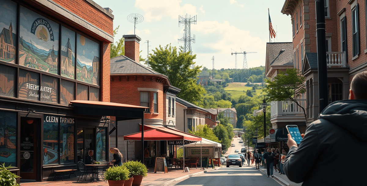 A vibrant street scene in bloomington township, bloomington, in (47408), showcasing a lively neighborhood with murals inside a community center depicting local