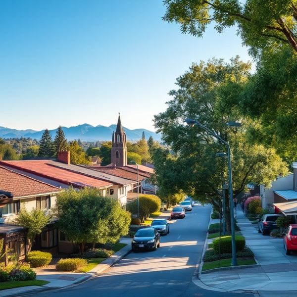 AT&T Coverage, Stores & Plans in Blossom Valley, Mountain View CA 94040 A vibrant street scene in Blossom Valley, Mountain View, CA 94040, showcasing charming suburban homes with Mediterranean-style stucco facades, lush front garden