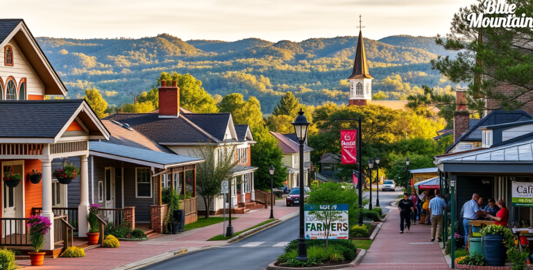 A vibrant street scene in Blue Mountain, Anniston, AL (36204), showcasing a cozy neighborhood with colorful Craftsman-style houses featuring porches adorned wit