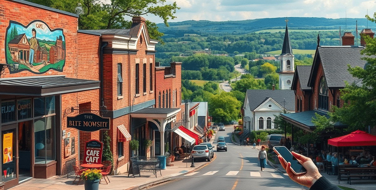 A vibrant street scene in blue township, independence, mo (64050), showcasing a cozy neighborhood with charming brick houses and historic architecture, featurin