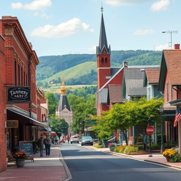 AT&T Coverage, Stores & Plans in Blue Township, Independence MO 64054 A vibrant street scene in Blue Township, Independence, MO 64054, showcasing a cozy neighborhood with a prominent mural depicting local history on a brick wall,