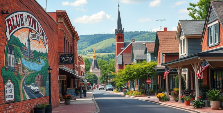 A vibrant street scene in Blue Township, Independence, MO 64054, showcasing a cozy neighborhood with a prominent mural depicting local history on a brick wall,