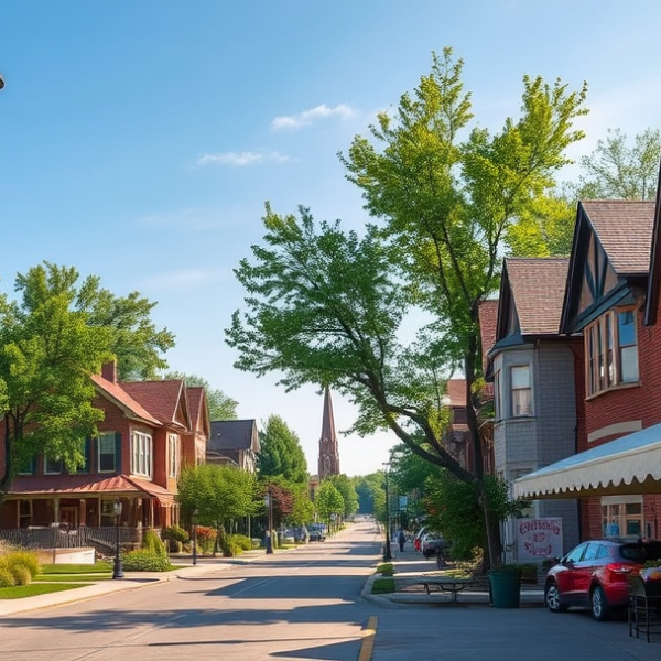 AT&T Coverage, Stores & Plans in Blue Township, Independence MO 64057 A vibrant street scene in Blue Township, Independence, MO 64057, featuring charming mid-century houses with brick facades and pitched roofs, lined along a tree-