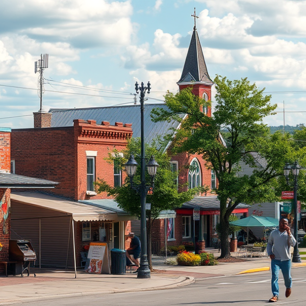 AT&T Coverage, Stores & Plans in Blue Township, Kansas City MO 64126 A vibrant street scene in Blue Township, Kansas City, MO (zip 64126), featuring colorful murals depicting local history and community pride, with a cozy, well-l