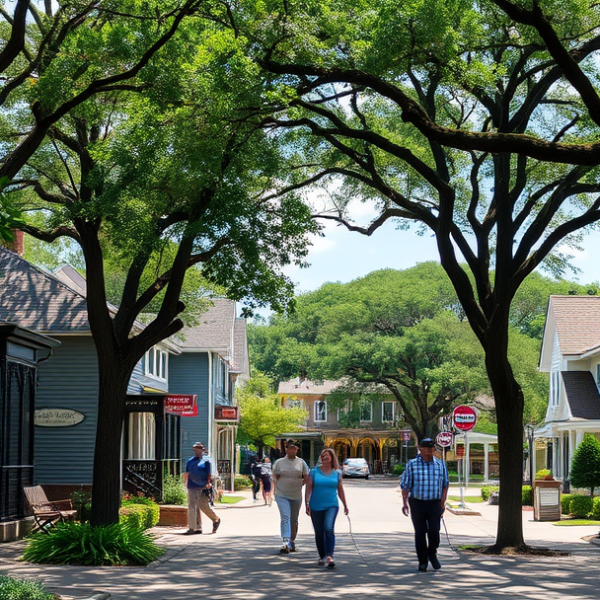 AT&T Coverage, Stores & Plans in Bluffview, Dallas TX 75209 A vibrant street scene in Bluffview, Dallas, TX 75209, showcasing charming early-20th-century Craftsman and Tudor-style houses with lush landscaping and mature