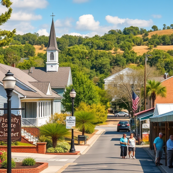AT&T Coverage, Stores & Plans in Blythewood, Columbia SC 29223 A vibrant street scene in Blythewood, Columbia, SC 29223, showcasing charming Southern-style homes with wraparound porches, brick facades, and lush front yards,