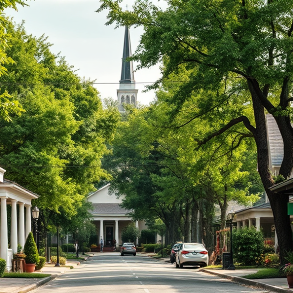 AT&T Coverage, Stores & Plans in Blythewood, Columbia SC 29224 A vibrant street scene in Blythewood, Columbia, SC (zip 29224), showcasing lush green trees lining the neighborhood, with historic Southern-style homes featurin