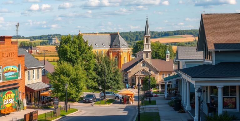 A vibrant street scene in Boardman Township, Youngstown, OH 44514, showcasing a lively neighborhood with colorful murals depicting local history and community s