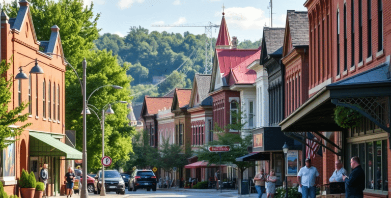 A vibrant street scene in boardman, youngstown, oh (zip 44512), featuring a mix of charming early 20th-century houses with brick facades and craftsman-style det