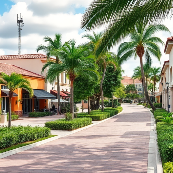 AT&T Coverage, Stores & Plans in Boca Del Mar, Boca Raton FL 33433 A vibrant street scene in Boca Del Mar, Boca Raton, FL (33433), showcasing lush tropical landscaping lining wide, well-maintained sidewalks. In the background,