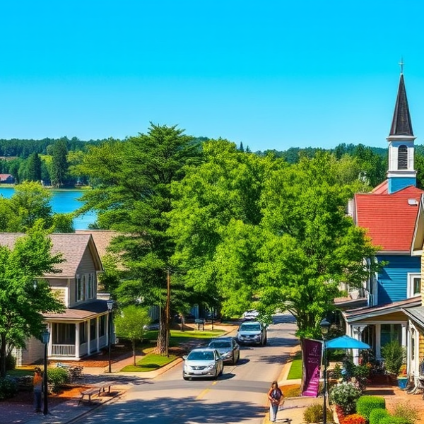 AT&T Coverage, Stores & Plans in Boiling Springs, Spartanburg SC 29306 A vibrant street scene in Boiling Springs, Spartanburg, SC 29306, showcasing charming historic homes with wraparound porches and colorful clapboard siding, nest