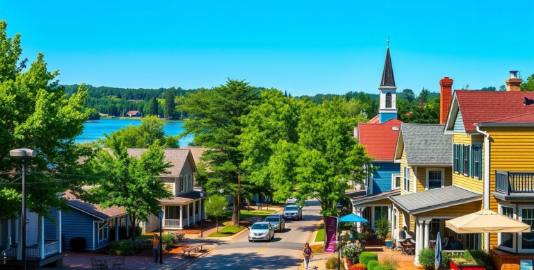 A vibrant street scene in Boiling Springs, Spartanburg, SC 29306, showcasing charming historic homes with wraparound porches and colorful clapboard siding, nest