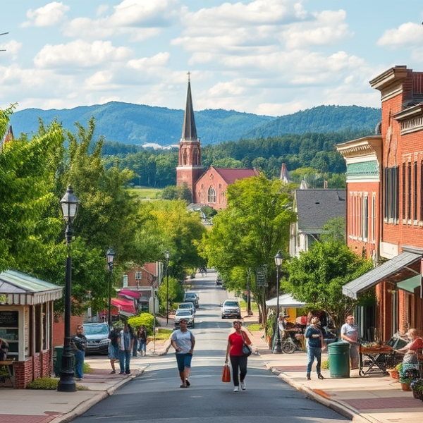 AT&T Coverage, Stores & Plans in Boiling Springs, Spartanburg SC 29307 A vibrant street scene in Boiling Springs, Spartanburg, SC 29307, featuring charming mid-century brick houses with colorful porches, lush green trees lining the
