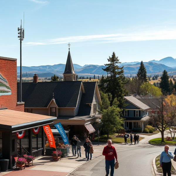 AT&T Coverage, Stores & Plans in Boise Airport, Boise ID 83715 A vibrant street scene in Boise, Idaho near Boise Airport (83715), capturing a lively neighborhood with a mural of soaring mountain peaks and the Snake River et