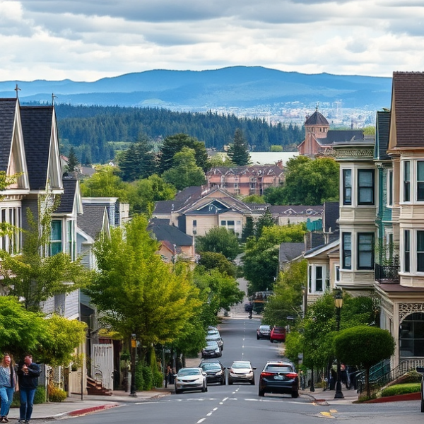 AT&T Coverage, Stores & Plans in Boise, Portland OR 97227 A vibrant street scene in Boise, Portland, OR 97227, showcasing a mix of historic Craftsman houses and modern bungalows lining tree-shaded sidewalks, with mural