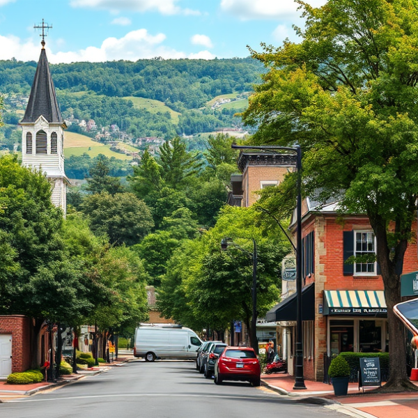 AT&T Coverage, Stores & Plans in Bon Air, Richmond VA 23235 A vibrant street scene in Bon Air, Richmond, VA (zip 23235), showcasing lush greenery and rolling hills in the background, with prominent landmarks like the his