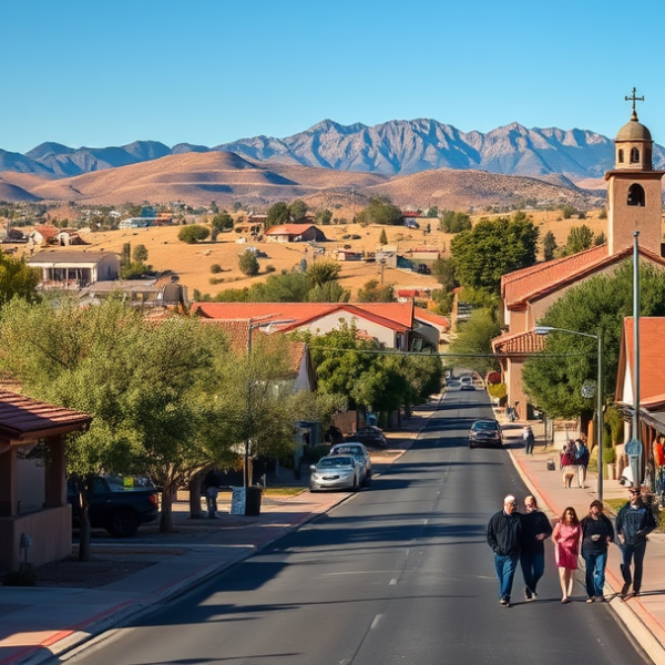 AT&T Coverage, Stores & Plans in Bond Ranches, Albuquerque NM 87120 A vibrant street scene in Bond Ranches, Albuquerque, NM 87120, showcasing a quiet suburban neighborhood with single-story adobe-style homes, stucco walls, and r