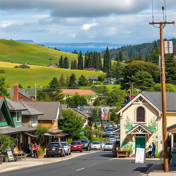 AT&T Coverage, Stores & Plans in Bonny Doon, Santa Cruz CA 95061 A vibrant street scene in Bonny Doon, Santa Cruz, CA 95061, featuring lush green hills and rugged coastline in the background. Quaint, handcrafted cottages with