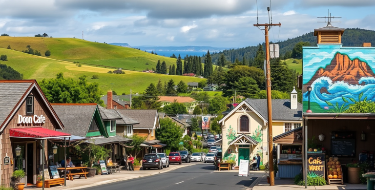 A vibrant street scene in Bonny Doon, Santa Cruz, CA 95061, featuring lush green hills and rugged coastline in the background. Quaint, handcrafted cottages with