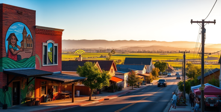 A vibrant street scene in Boronda, Salinas, CA (93912), showcasing a neighborhood with colorful murals depicting local farmworkers and agricultural history on b