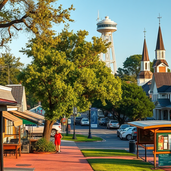 AT&T Coverage, Stores & Plans in Bossier City, Shreveport LA 71119 A vibrant street scene in Bossier City, LA 71119, showcasing a lively neighborhood with colorful murals depicting local history and culture, nestled along a tre